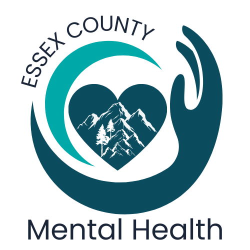 Essex County Mental Health Teal and Dark Blue Green Logo of arm holding a heart with mountains and trees representing the ADKs.
